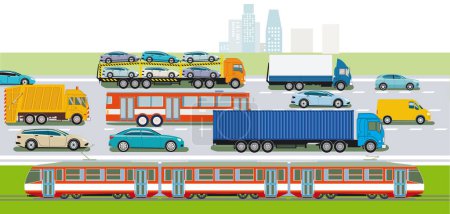Téléchargez les illustrations : Voitures particulières et camions sur l'illustration de l'autoroute - en licence libre de droit