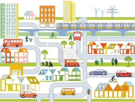 Illustration for City overview with traffic and houses, information illustration - Royalty Free Image