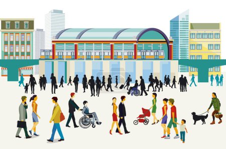 Illustration for Elevated train traffic with people illustration - Royalty Free Image
