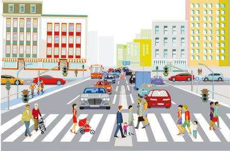 Téléchargez les illustrations : Silhouette d'une ville avec trafic et personnes, illustration - en licence libre de droit