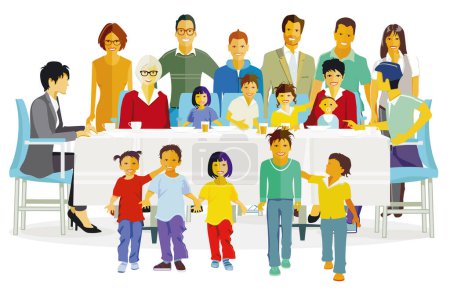 A large group of parents with children, isolated illustration
