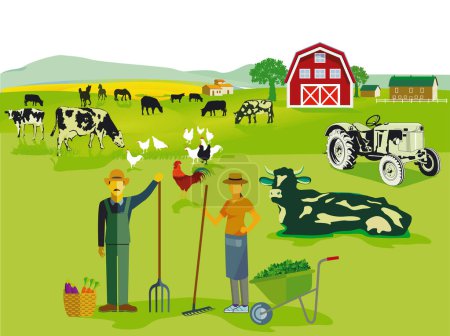 Téléchargez les illustrations : Animaux de ferme au pâturage avec ferme et fermier, illustration - en licence libre de droit