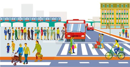 Ilustración de Parada de autobús, y peatones en el cruce de cebra,, ilustración - Imagen libre de derechos