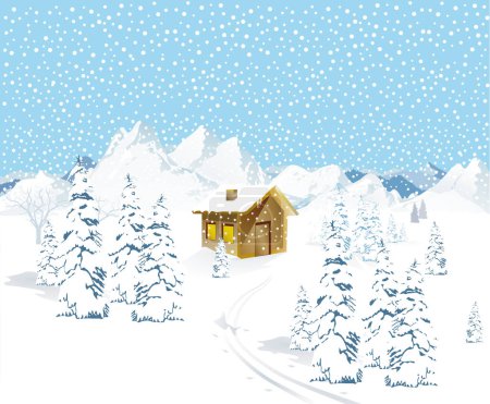Ilustración de Paisaje nevado de montaña con cabaña, ilustración - Imagen libre de derechos