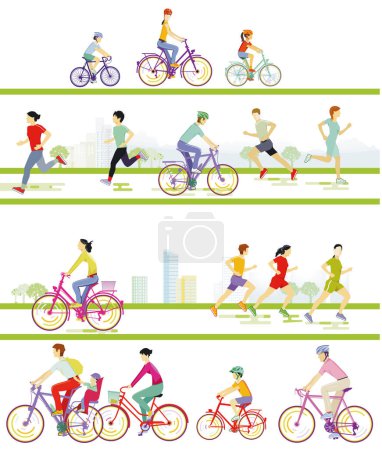 Illustration for Cycling with family in nature and athletes in leisure time illustration - Royalty Free Image