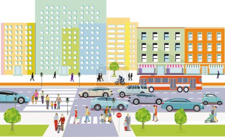 Illustration for City silhouette of a city with traffic and persons, illustration - Royalty Free Image