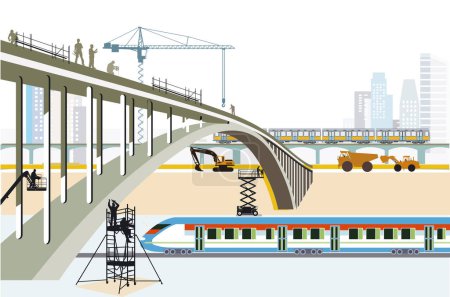 Illustration for Rail transport Bridge construction in the big city with rapid transit, - Royalty Free Image