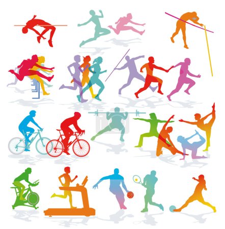 Photo for Set of sportsmen, gymnasts, track and field athletes, joggers, footballers, cyclists, illustration - Royalty Free Image
