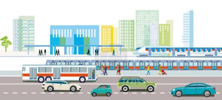 Illustration for Railway traffic and road traffic with train station, people illustration - Royalty Free Image