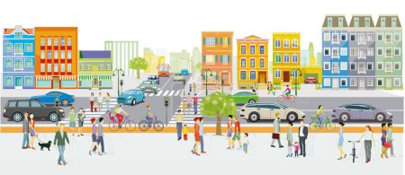 Illustration for City silhouette of a city with traffic and people, illustration - Royalty Free Image