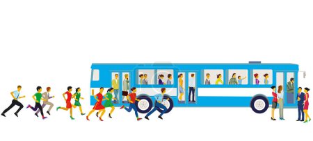 Téléchargez les illustrations : Bus de ville avec arrêt et illustration de passagers pressés - en licence libre de droit