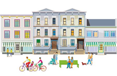 Silueta de la ciudad con grupos de personas que tienen tiempo libre en el distrito residencial, ilustración