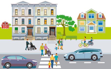 Stadtsilhouette mit Menschengruppen im Wohnviertel, Illustration