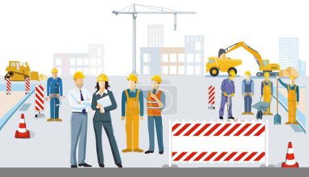 Illustration for Road construction site with architect and construction vehicles - Royalty Free Image