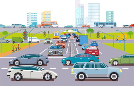 Illustration for City silhouette of a city with traffic jam illustration - Royalty Free Image