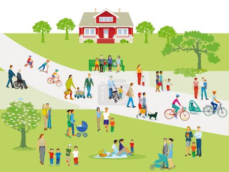 Groups of people in the park with families, parents and children, illustration