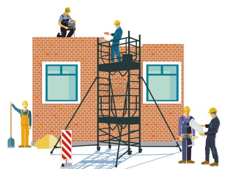 Construction site with bricklayers and mechanics, illustration