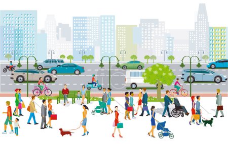 Ilustración de Gran ciudad silueta de la ciudad con el tráfico por carretera y peatones, ilustración - Imagen libre de derechos