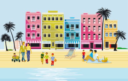 Foto de Familia con niños en la playa ilustración de vacaciones - Imagen libre de derechos