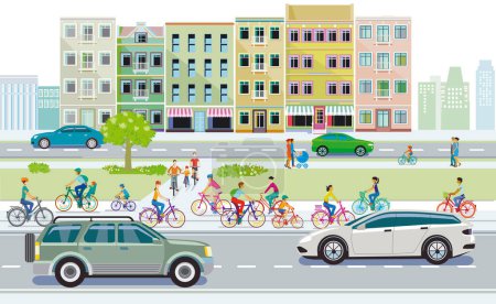 Foto de Un grupo de ciclistas con tráfico de coches en la ciudad ilustración - Imagen libre de derechos