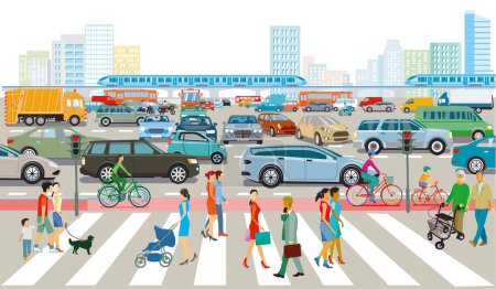City silhouette of a big city with traffic jam and people on the zebra crossing illustration