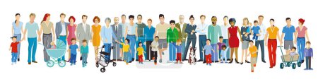A very large group of people with parents with children, isolated illustration