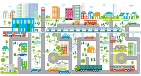 Vista general de la ciudad con tráfico y casas, ilustración de la información