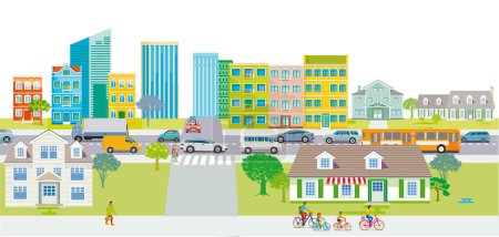 Stadtsilhouette mit Freizeitgruppen im Wohnviertel, Illustration