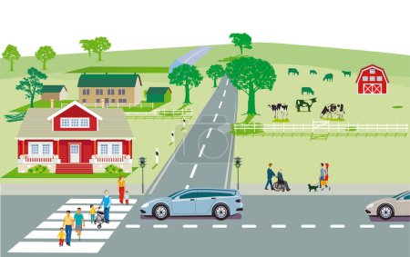 Country life with cars, zebra crossings and pedestrians, illustration