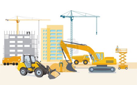Construction workers on the construction site with construction machinery, illustration
