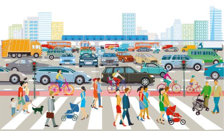 City silhouette of a city with cars in a traffic jam and people on the zebra crossing, illustration