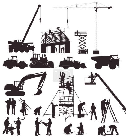 Construction workers on the construction site with construction machinery, illustration
