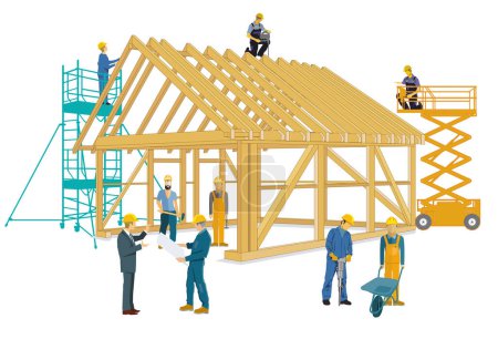 Bau eines Holzhauses mit Handwerkern und Architekten