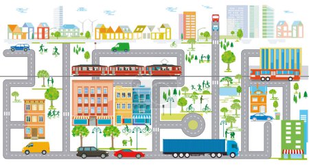Vue d'ensemble de la ville avec circulation et maisons, illustration d'information