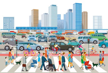 City silhouette of a big city with traffic jam and people on the zebra crossing illustration