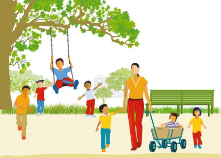 Niños y familias en el patio de recreo ilustración