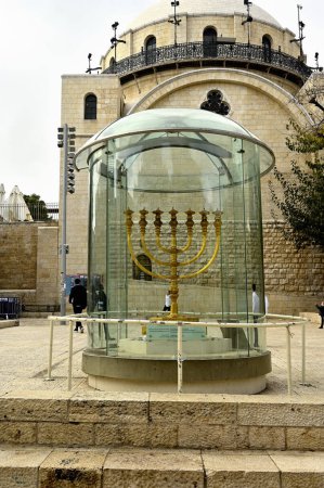 Photo for Menorah symbol of Israel in front of the Hurva Synagogue in the Jewish Quarter of Jerusalem - Royalty Free Image