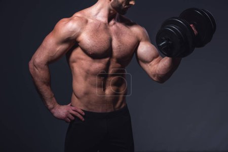 Photo for Cropped image of handsome muscular man with bare torso working out with dumbbells, on dark background - Royalty Free Image