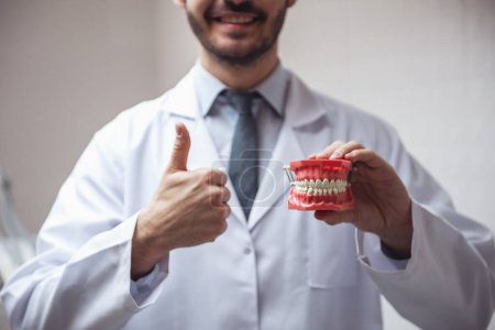 Foto de Guapo joven dentista en abrigo blanco está sosteniendo una mandíbula, mostrando signo Ok y sonriendo mientras está de pie en su oficina - Imagen libre de derechos