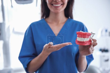 Foto de Hermosa joven dentista está sosteniendo una mandíbula y sonriendo mientras está de pie en su oficina - Imagen libre de derechos