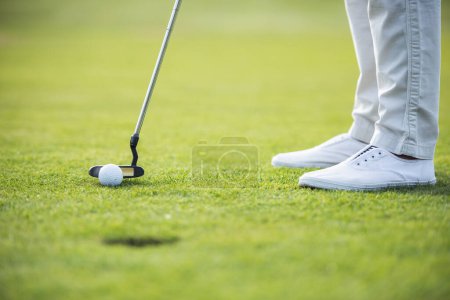 Photo for Cropped image of a person playing golf, a golf hole in the foreground - Royalty Free Image