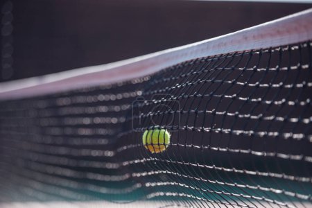 Téléchargez les photos : Gros plan de la balle de tennis frappant un filet de court de tennis à l'extérieur, temps ensoleillé - en image libre de droit