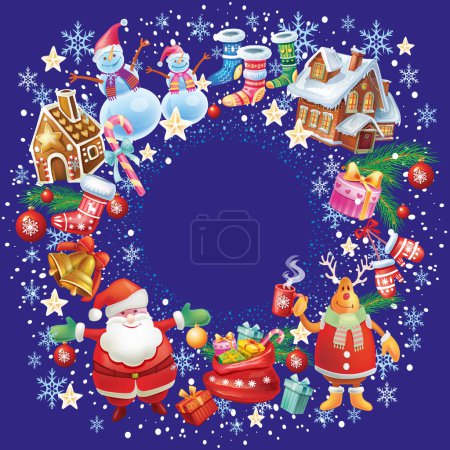 Illustration for Round frame from Christmas objects and snow Vector illustration - Royalty Free Image