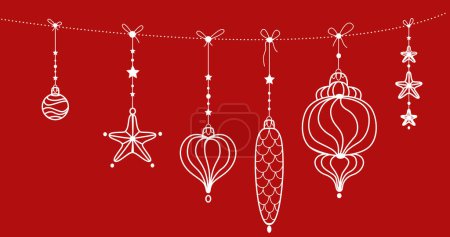 Illustration for Christmas tree toys in a linear style on red - Royalty Free Image