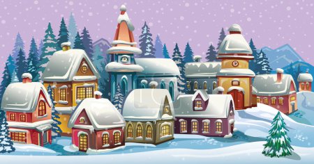 Snowy Winter vector landscape with houses and mountains