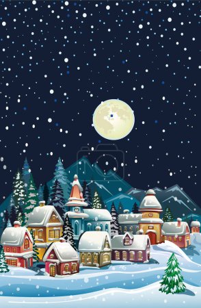 Téléchargez les illustrations : Winter landscape with houses and mountains Vertical - en licence libre de droit