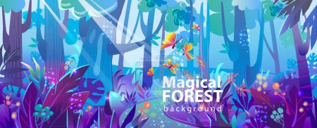 Ilustración de Bosque mágico, ilustración de cuento de hadas vectorial con árboles, flores y hierba en luz púrpura mística, Para diseño de juegos, impresión, sitios web y teléfonos móviles - Imagen libre de derechos