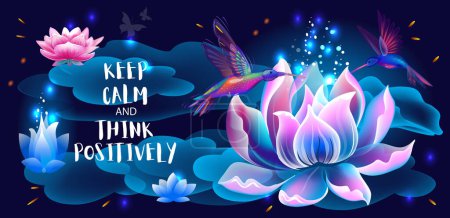 Illustration for Lotus flower and hummingbirds, Think Positively, Symbols of enlightenment, meditation and universe - Royalty Free Image