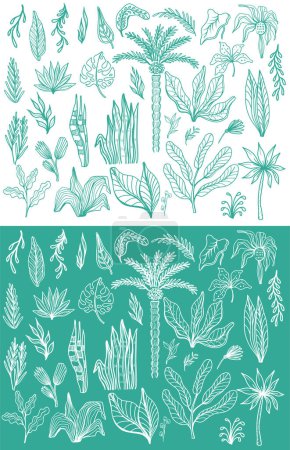 Ilustración de Conjunto de hojas tropicales dibujadas a mano en estilo doodle, elementos de diseño de vectores de línea, ilustración botánica - Imagen libre de derechos