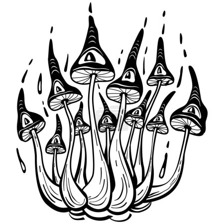 Illustration for Mystical Psychedelic mushroom, Magic Hippie boho art, black and white vector illustration - Royalty Free Image